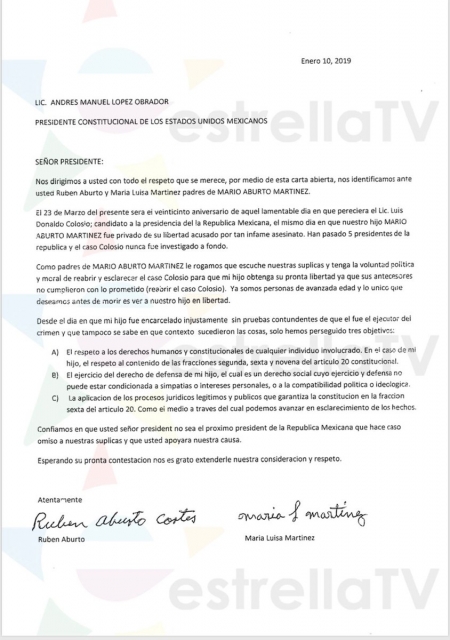 Recibió AMLO carta relacionada con el asesinato de Colosio